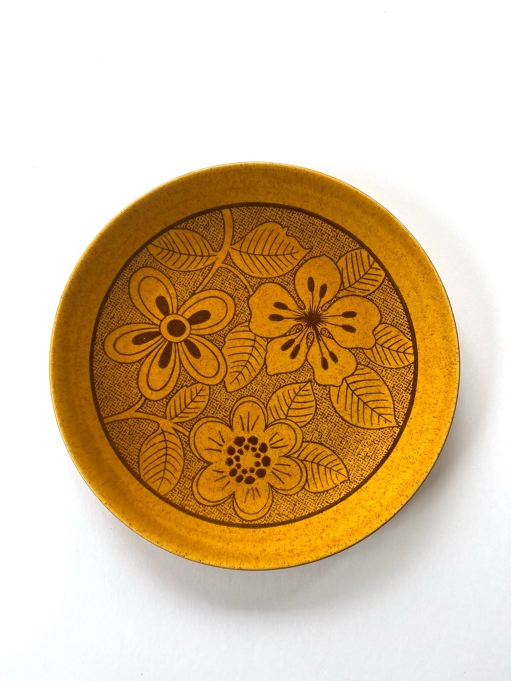 Vintage Mustard Yellow and Brown Floral Dinner Plate Earth Tones Retro Speckled